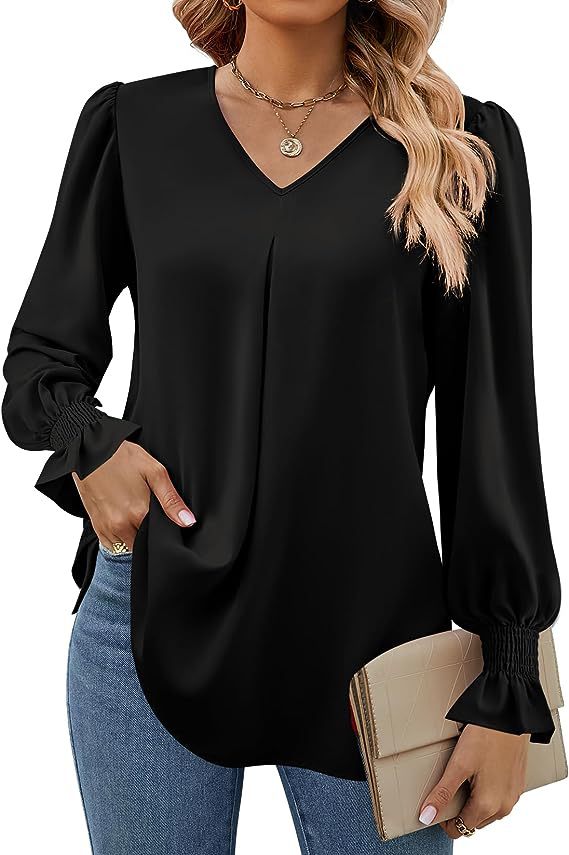 Vurtigorasn Women's New Solid Color Chiffon Shirt V-neck Pullover Flared Long Sleeved Top Shirt Office Lady Elegant Khaki Loose Blouses
