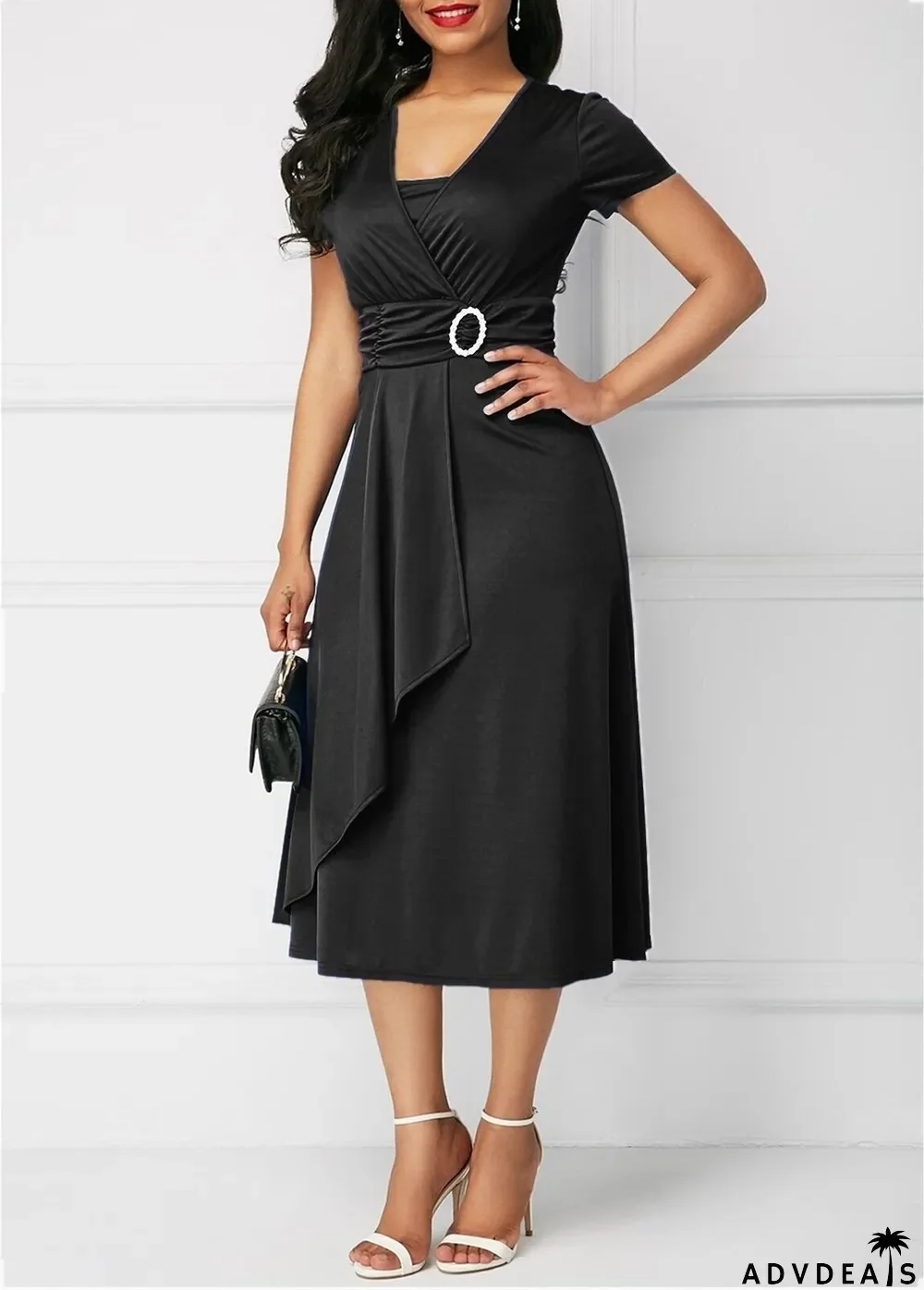 Women Summer Solid V Neck Asymmetric Midi Dress