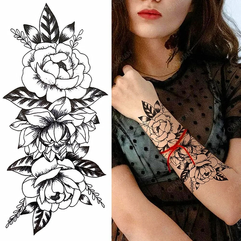 Sdrawing Flower Rose Women Waterproof Temporary Tattoos Fake Stickers Body Arm Cool Art Big Hipster Sexy Colorful Skeleton Paws