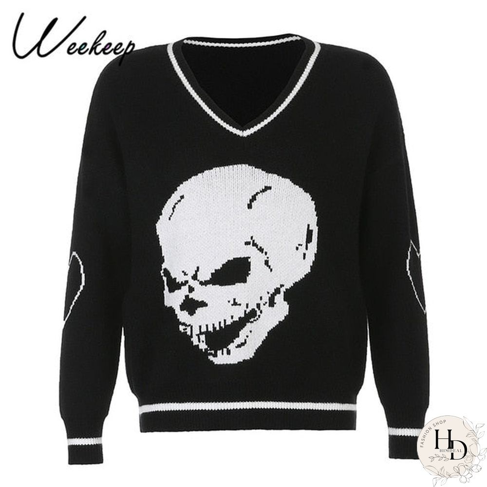 Weekeep Y2K Chic Print Streetwear Oversized Sweater Women's Casual Autumn Winter Knitted Jumper Fashion Loose Knitwear Pullovers