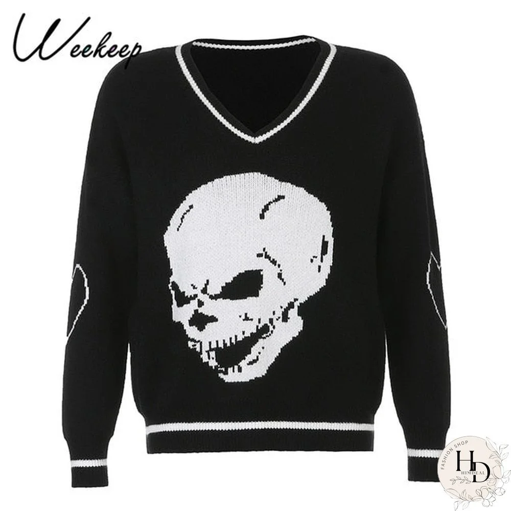 Weekeep Y2K Chic Print Streetwear Oversized Sweater Women's Casual Autumn Winter Knitted Jumper Fashion Loose Knitwear Pullovers