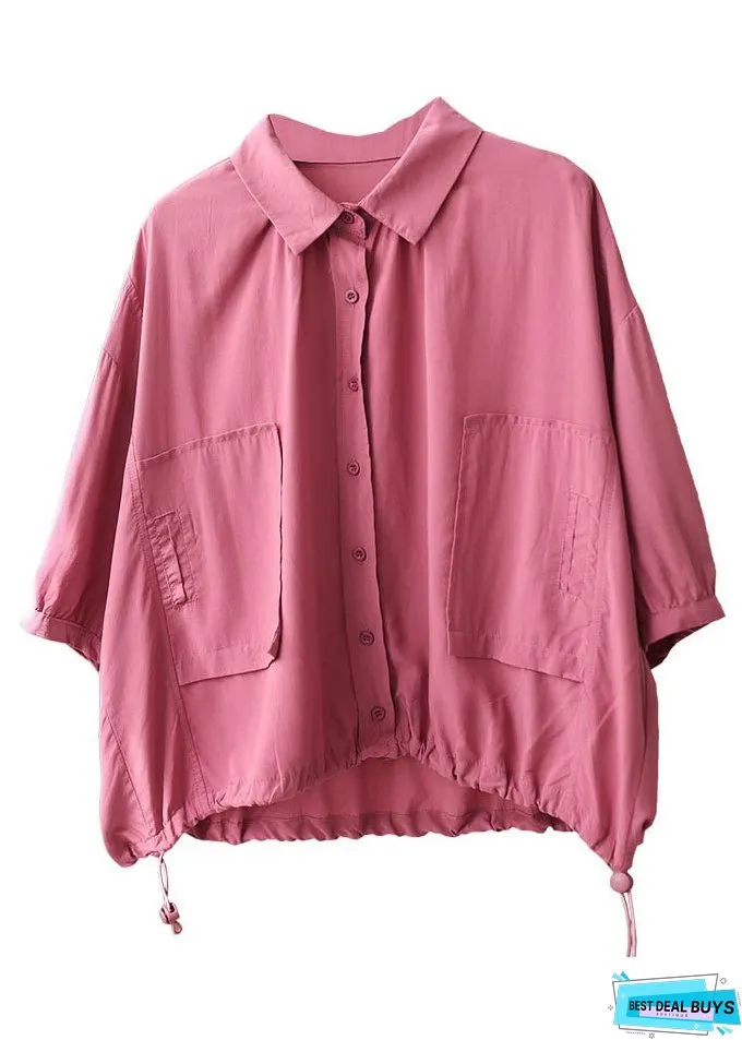 Vintage Rose Peter Pan Collar Drawstring Pockets Shirt Top Bracelet Sleeve
