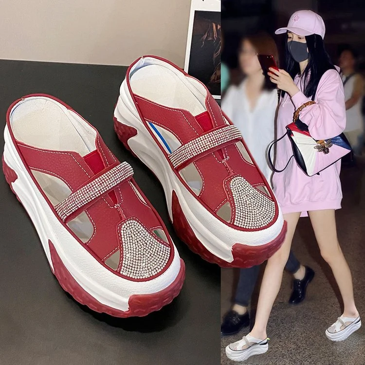 Wongn Wongn Summer New Water Diamond Thick Bottom Slope With Cool Drag Head Half Drag Fashion Casual Slippers Tide