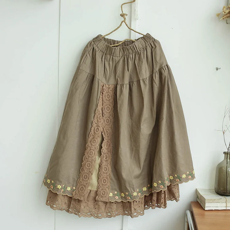 Queenfunky cottagecore style Morikei Linen Skirt With Embroidered Lace Hem QueenFunky