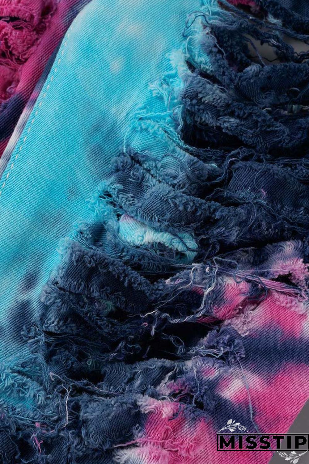 Deep Blue Casual Tie Dye Ripped Turndown Collar Long Sleeve Two Pieces
