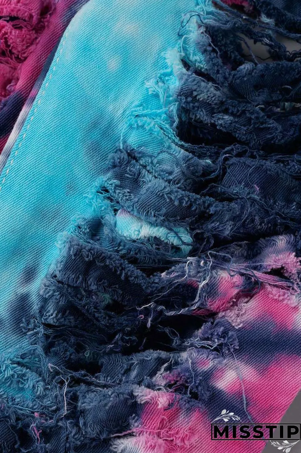 Deep Blue Casual Tie Dye Ripped Turndown Collar Long Sleeve Two Pieces
