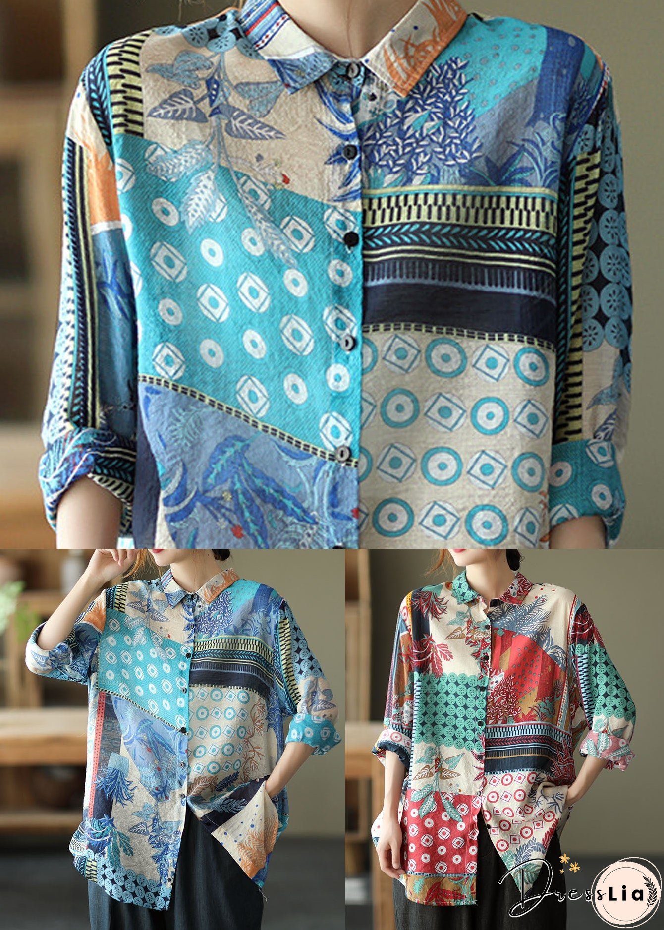 Red Patchwork Linen Shirts Peter Pan Collar Button Long Sleeve