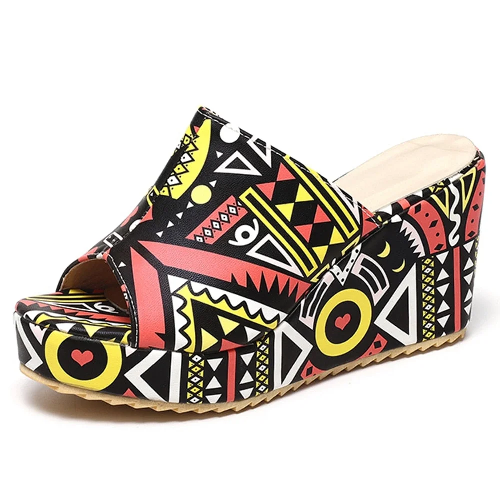 BONJOMARISA 2020 New Unique Geometric Platform Fashion High Heel Wedges Slippers Women Cool Colorful Summer Shoes Woman