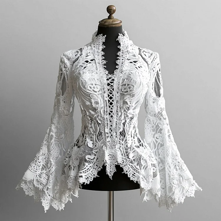 Ursime Lace Hollow Out Flare Sleeve Lace-Up Blouse