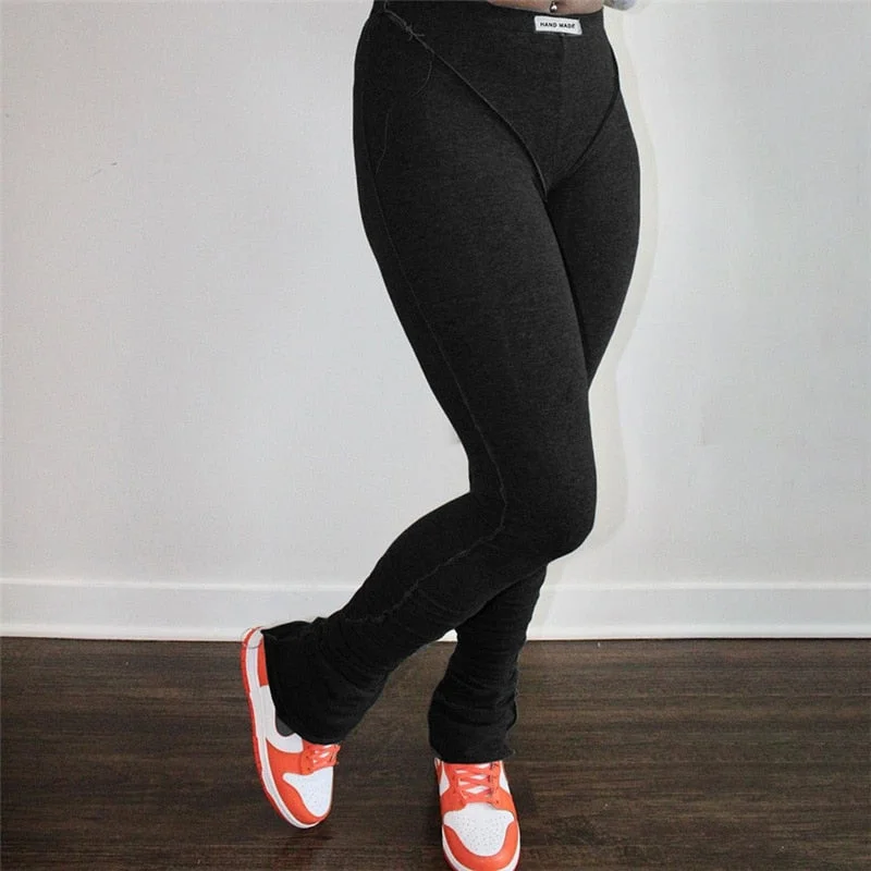 Women Unique Bright Line Casual Trousers   Decoration Irregular Shape Pants High Waist Stretchy Sporty Casualwear