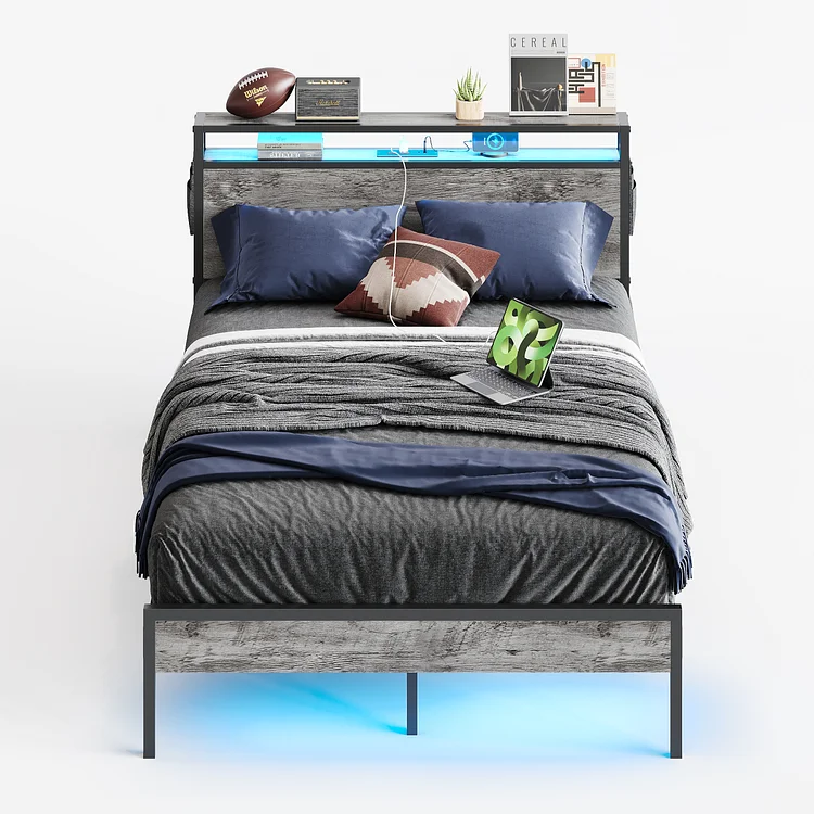 Bestier BedFrame With Charging Station And LED Strips, Industrial Metal Platform Bed with Storage Headboard