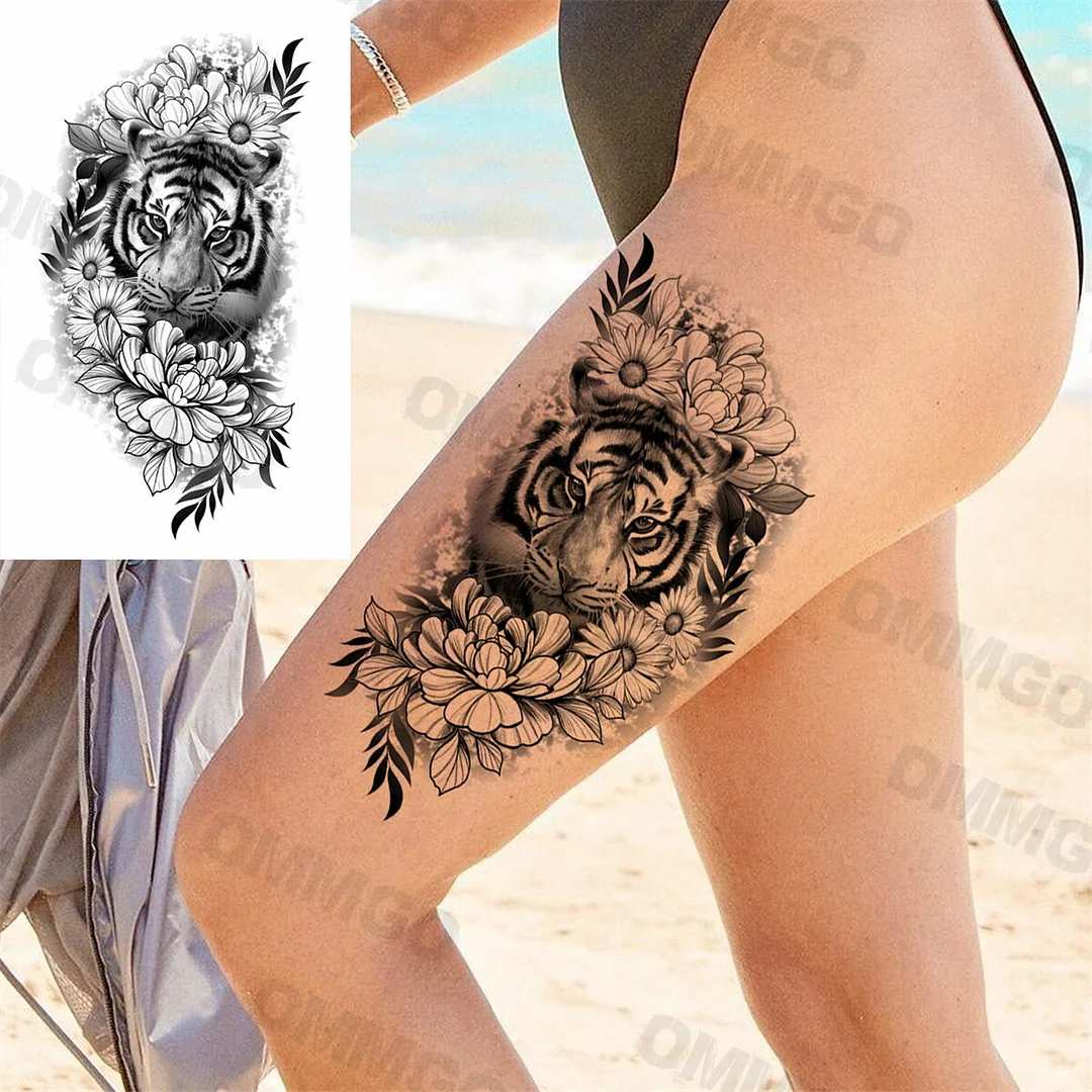 Sdrawing Rose Flower Skeleton Temporary Tattoos For Women Adult Girl Lion Tiger Crown Fake Tattoo Body Art Painting Tatoo Decal