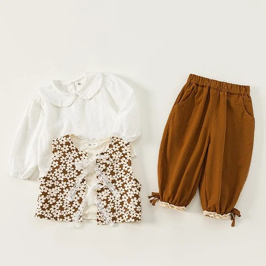 3pcs Baby Girl Floral Graphics Vest & Peter Pan Collar Shirt & Drawstring Design Pants Set
