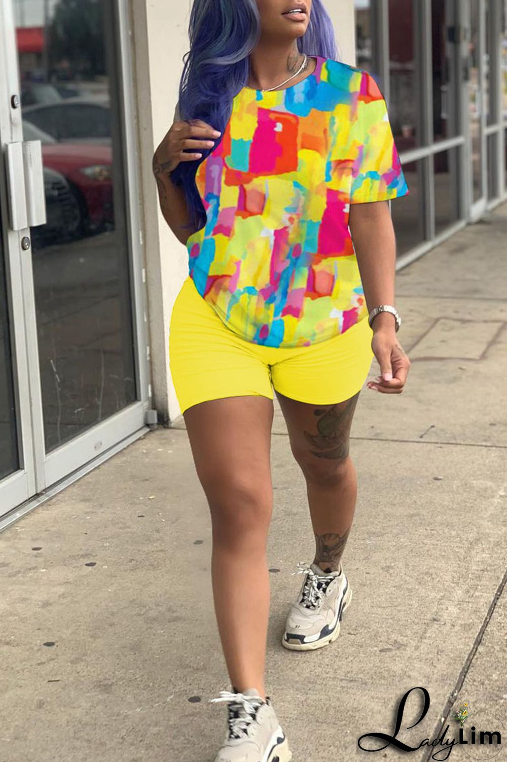 Black Casual Print Patchwork O Neck Short Sleeve Two Pieces