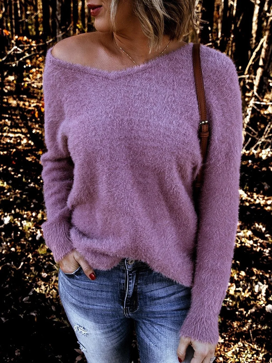 Purple Cotton-Blend Long Sleeve Casual Sweater
