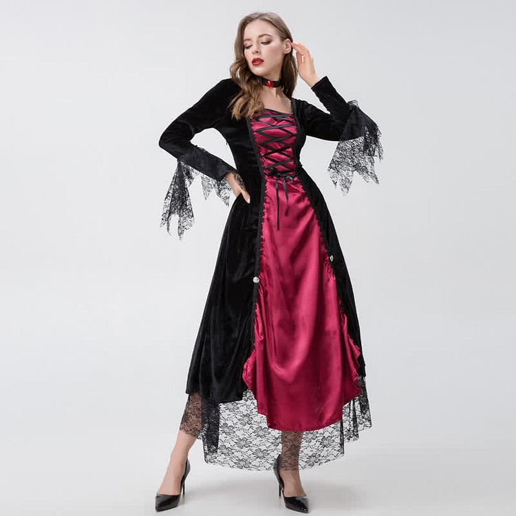 Cosplay Witch Square Collar Lace Up Ruffled Long Dress - Modakawa Modakawa