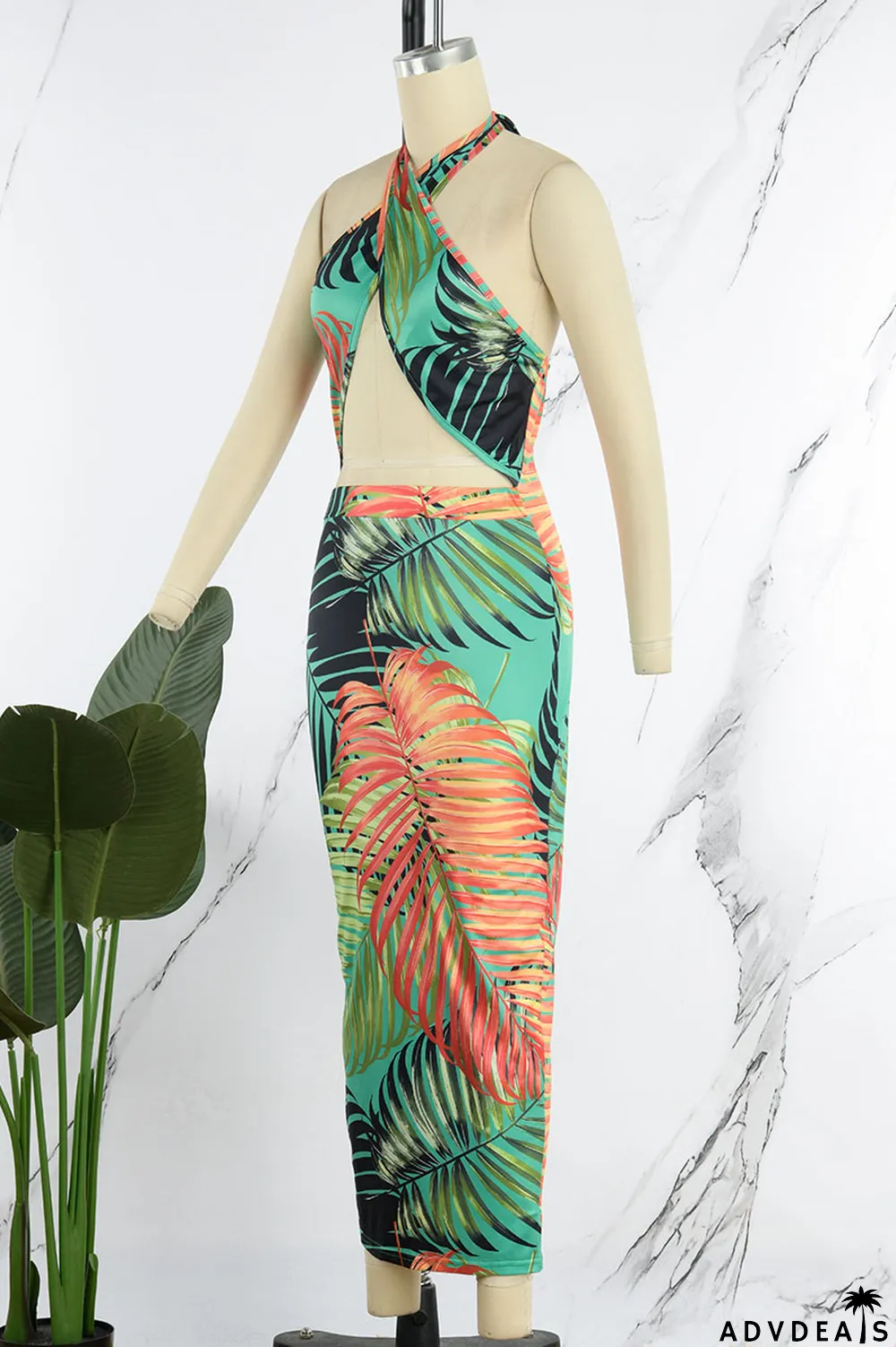 Green Sexy Print Bandage Patchwork Backless Halter Pencil Skirt Dresses
