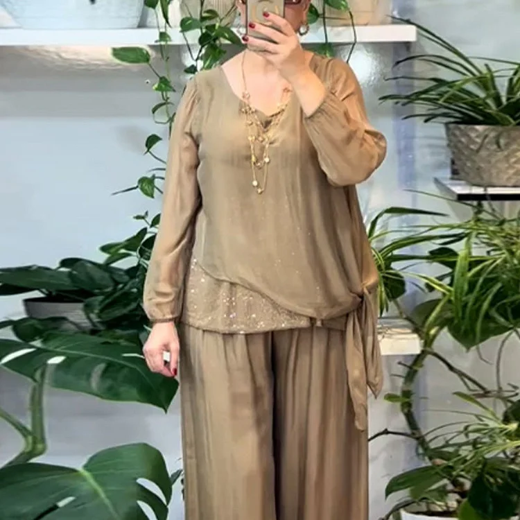 Women's 2-piece sequin blouse and wide-leg pants set