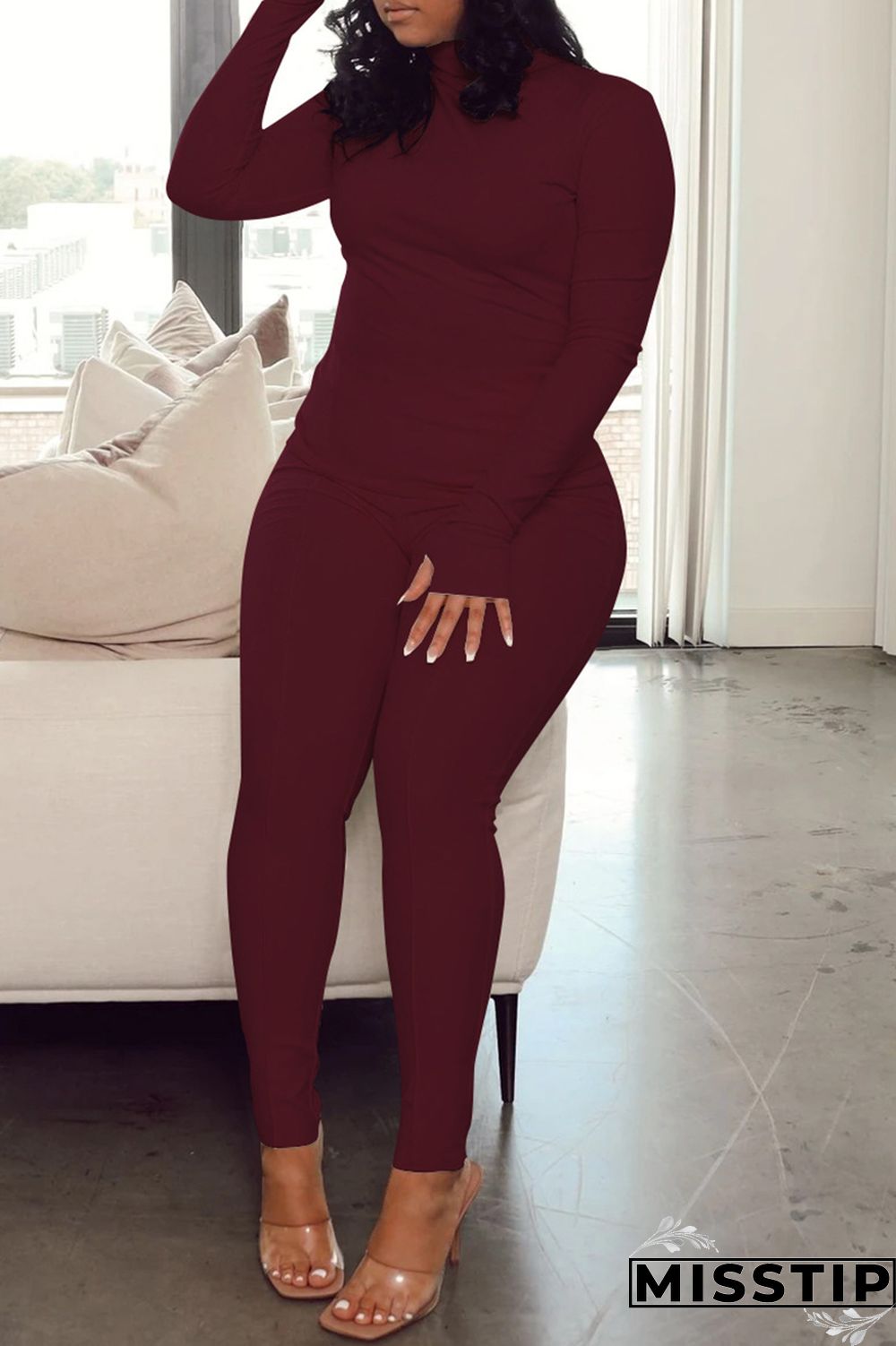 Burgundy Fashion Casual Solid Basic Turtleneck Long Sleeve Two Pieces