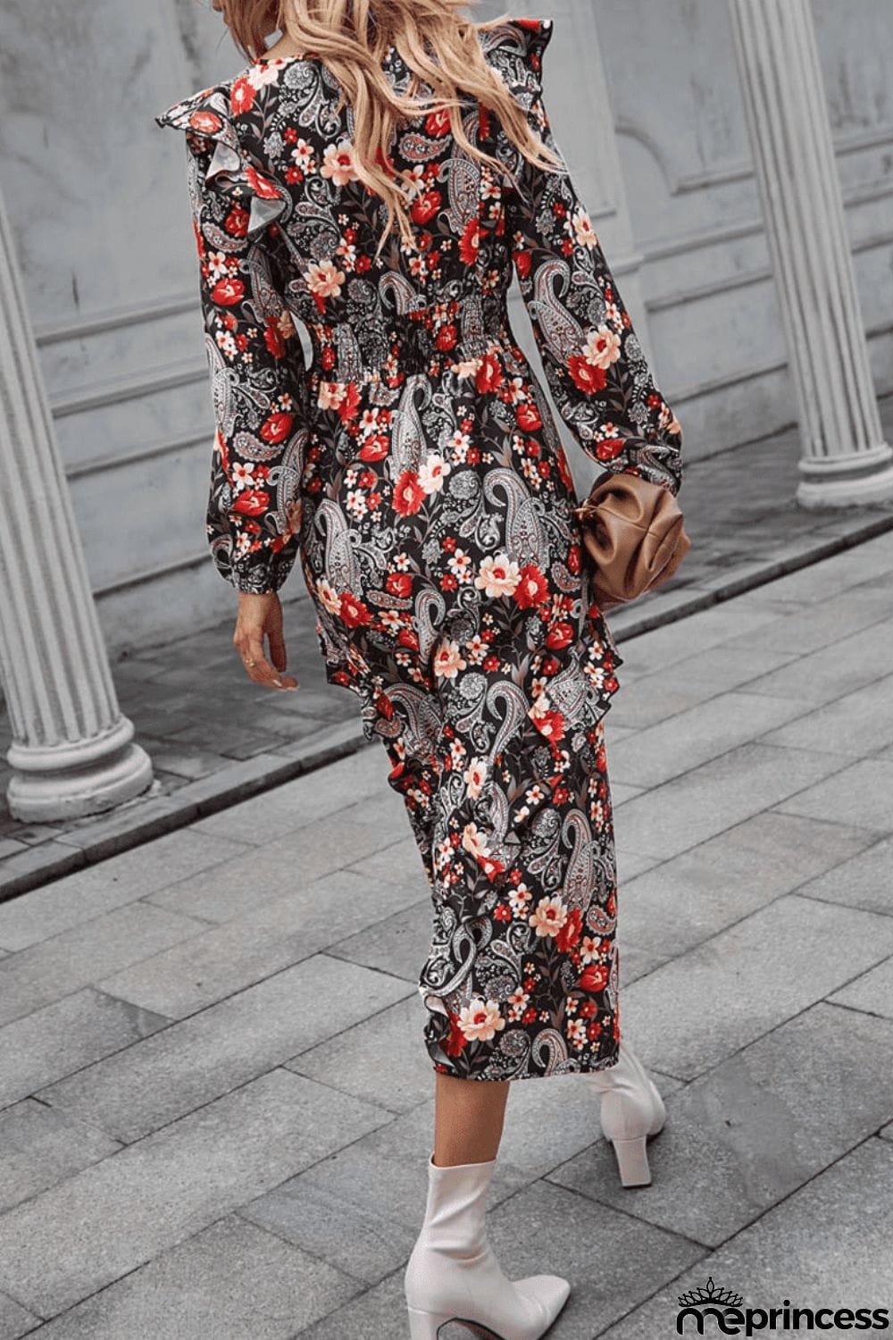 Floral Round Neck Long Sleeve Midi Dress