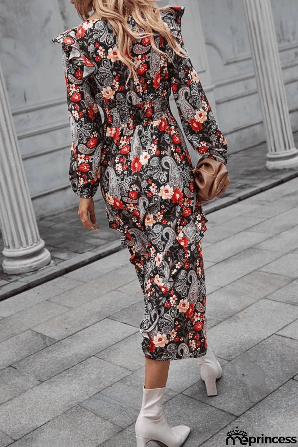 Floral Round Neck Long Sleeve Midi Dress