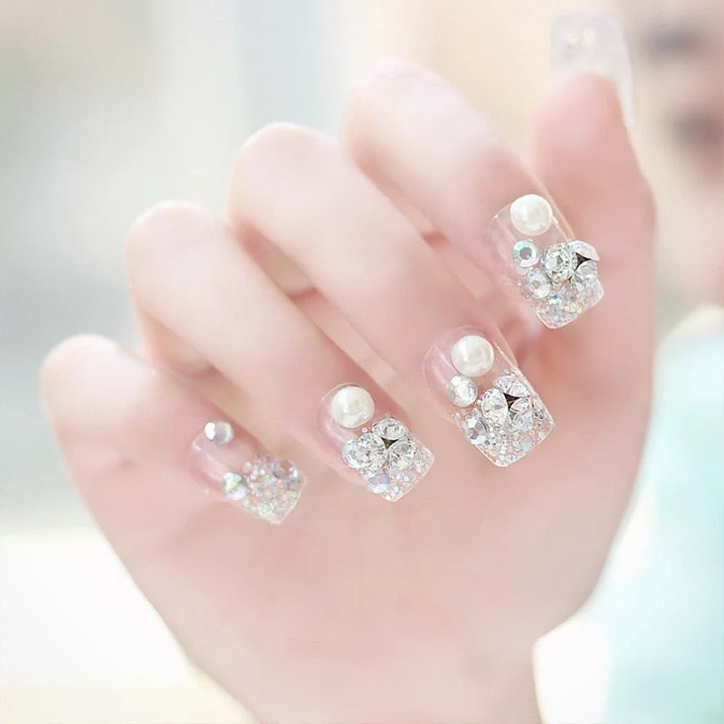 Bride Shining Rhinestone Wedding False Nails Ladies Simple Fashion French Fake Nails White Beige Acrylic Nail Tips With Glue-Nail Inspo