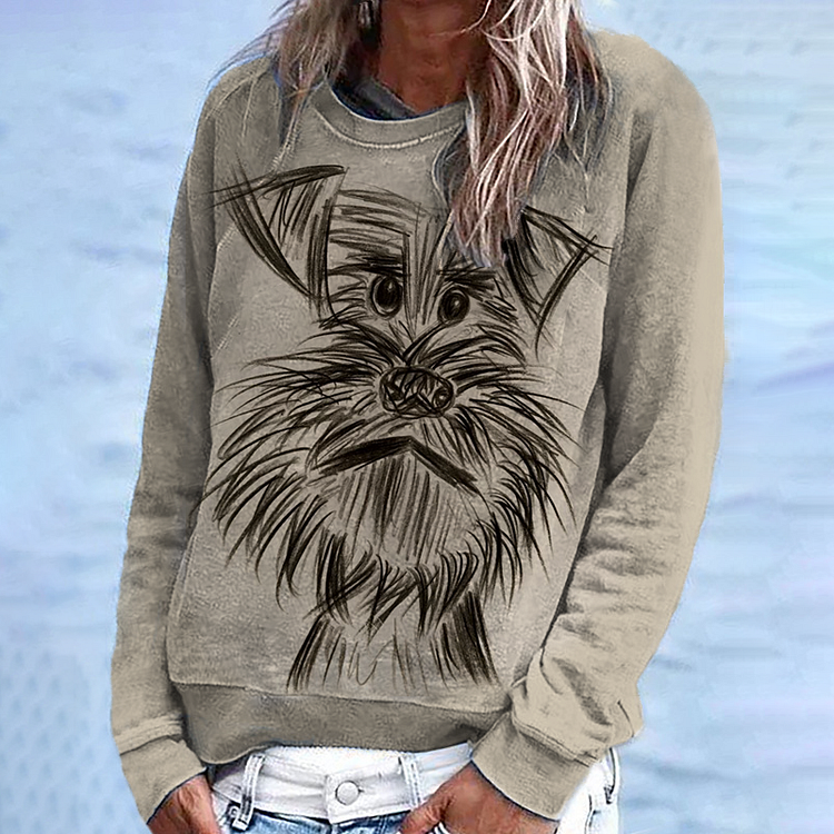 Comstylish Dog Print Round Neck Long Sleeve Casual Sweatshirt