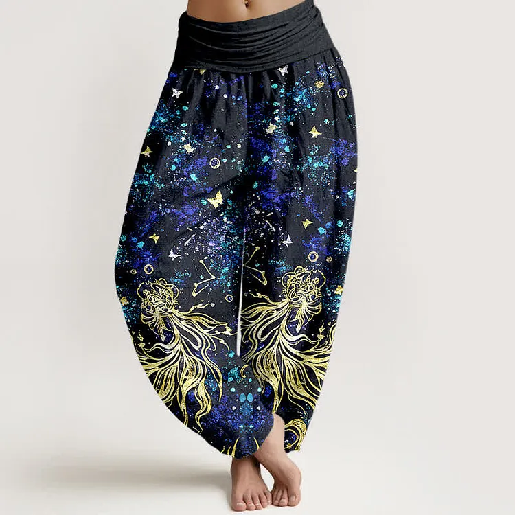 Cotton Celestial Galaxy Butterfly Pattern Women's Elastic Waist Harem Pants