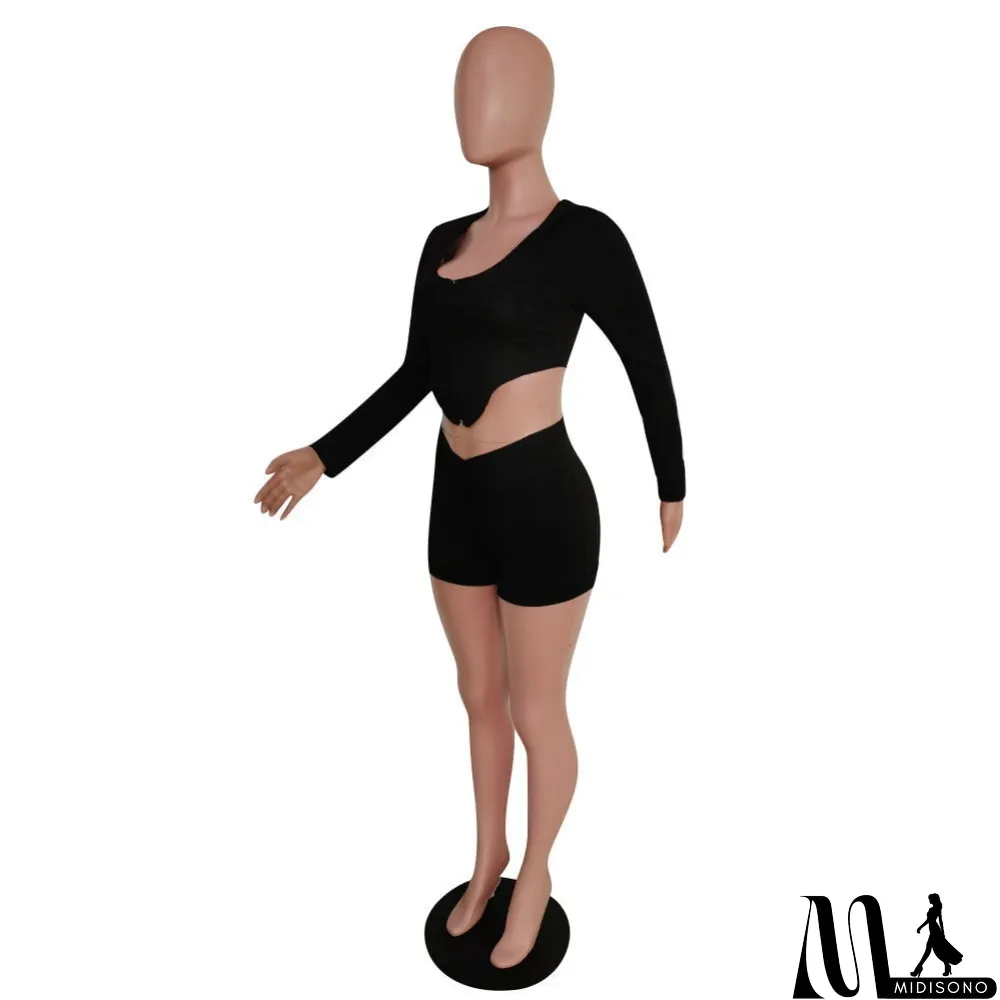 MidiSono - Sports Hoody Zipper Crop Top and Shorts Set