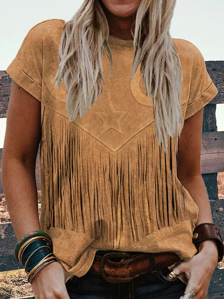 Comstylish Western Leather Fringe Casual Cozy Vintage T-Shirt