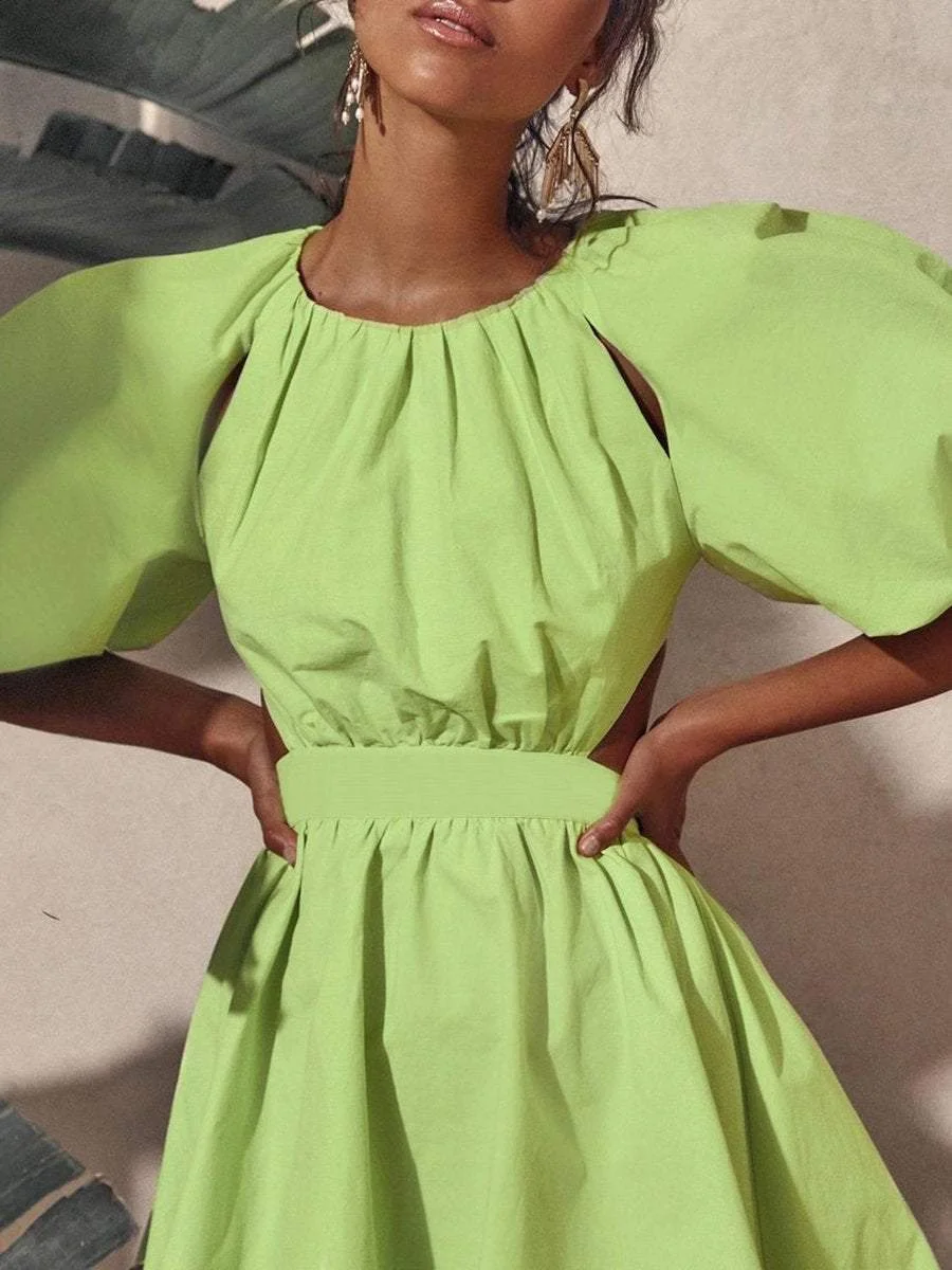Solid color backless puff sleeve dress