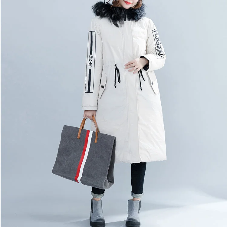 fashion white Parka Loose fitting hooded fur collar Letter quilted coat Casual tie waist pockets cotton coats