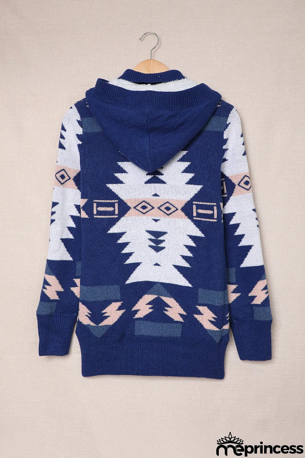Blue Retro Jacquard Pattern Buttoned Front Hooded Sweater
