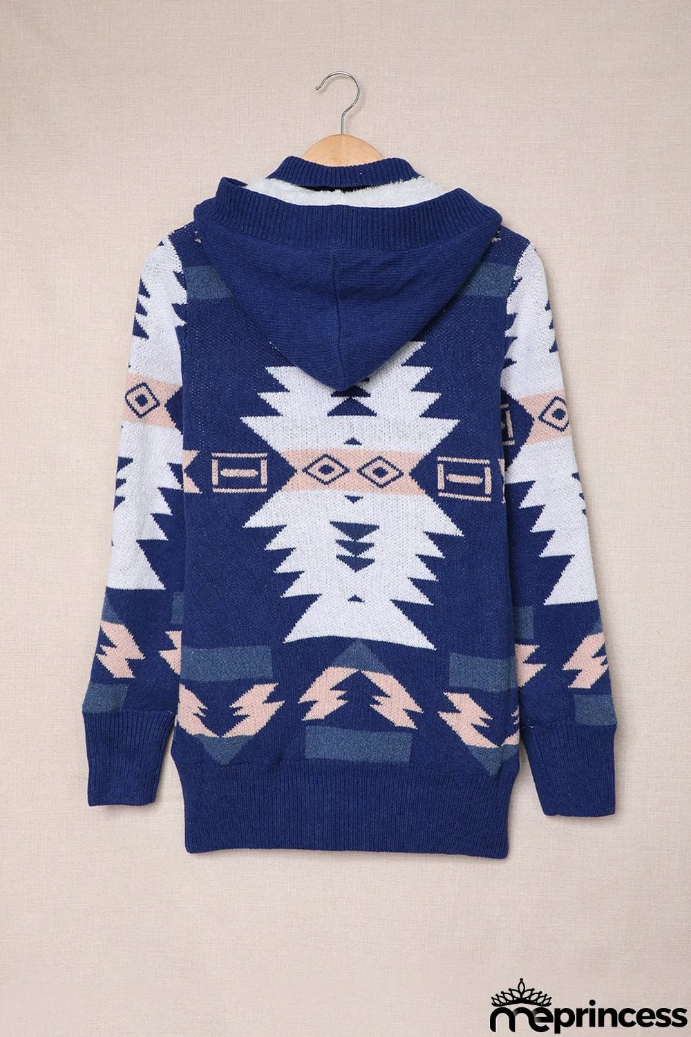 Blue Retro Jacquard Pattern Buttoned Front Hooded Sweater