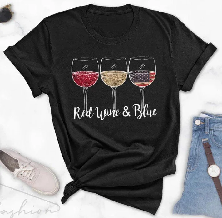 Women's Red Wine Blue Wine Glass Flag Print Short Sleeve T-Shirt
