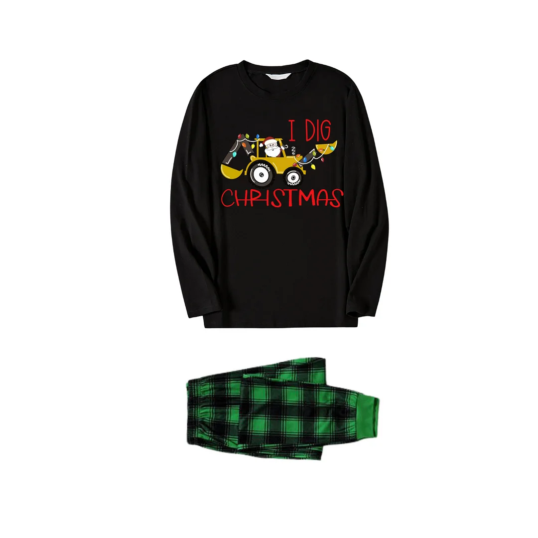 Christmas Excavator Print Black Long Sleeve Top with Green and Black Plaid Family Matching Pajamas