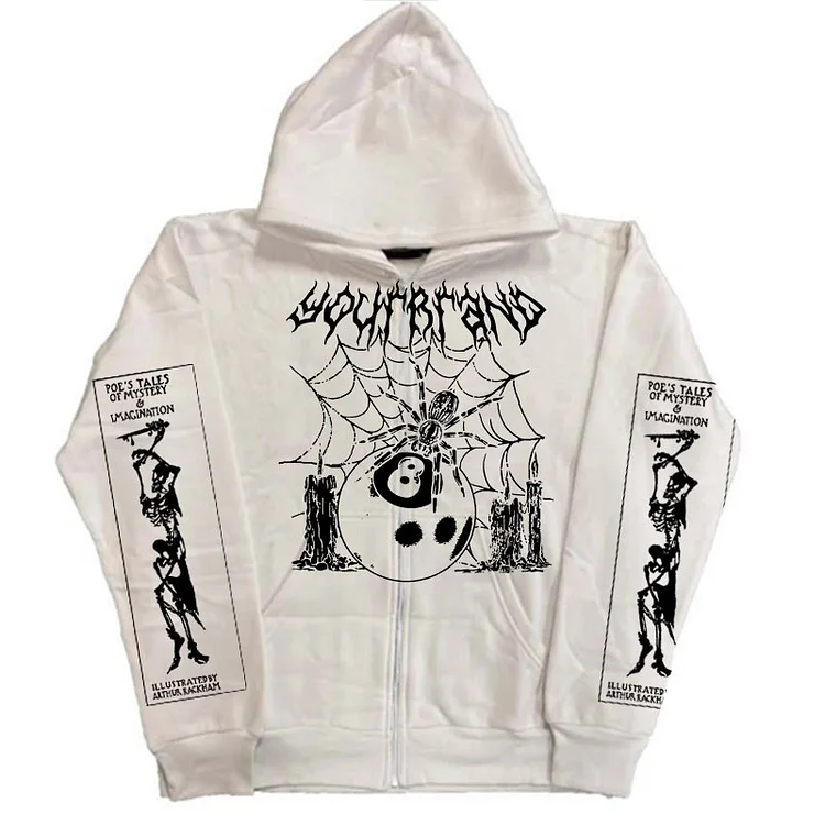 Y2k Zipper Sweatshirt Retro Hoodie Spider Skull Print Dark Hoodie at Hiphopee