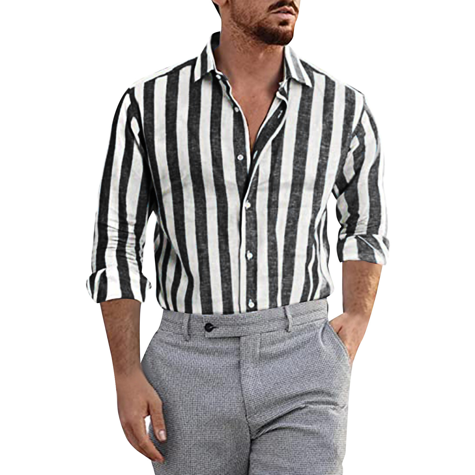 Men Fashion Casual Striped Print Cotton Linen Buckle Turn Down Collar ...
