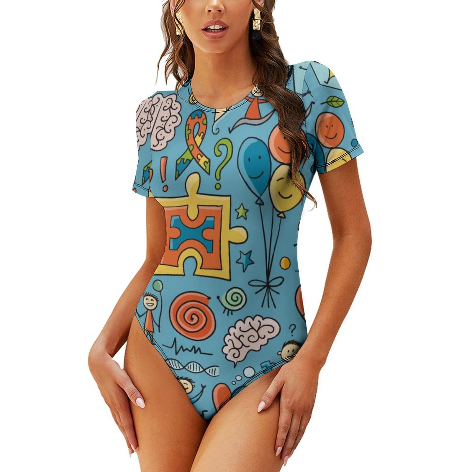 Women's Autism One Piece Swimsuit Mock Neck Short Sleeve Bathing Suit