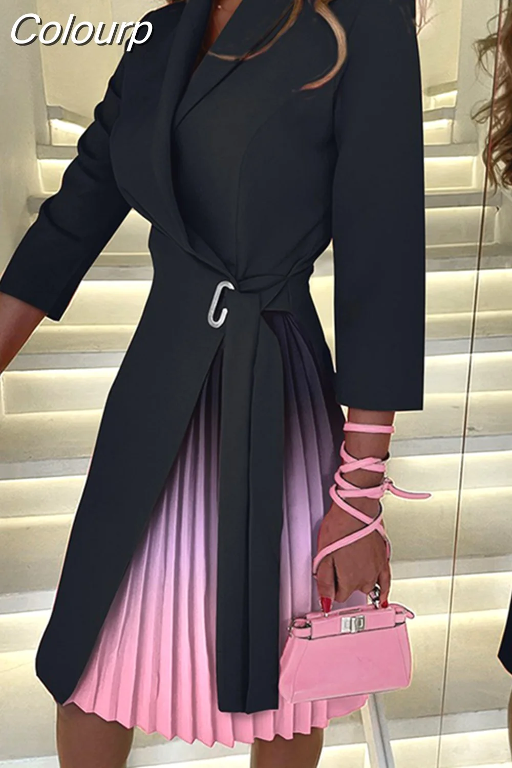 Colourp For Women 2023 Y2K Houndstooth Print Pleated Detail Blazer Dress Vestido Elegance Office Lady Midi Robe Free Shipping