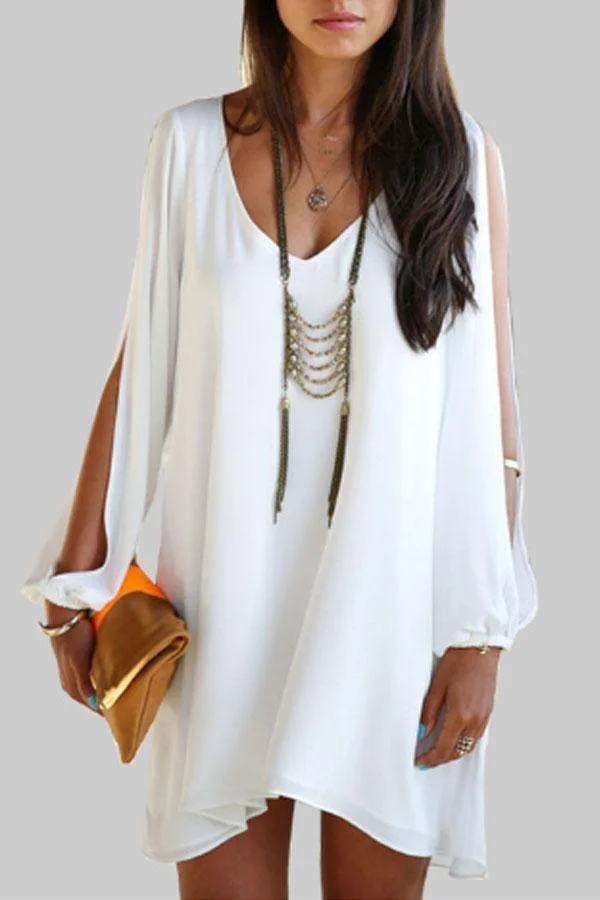 Asymmetric Hem Slit Long Sleeves Solid Color Shift Dresses