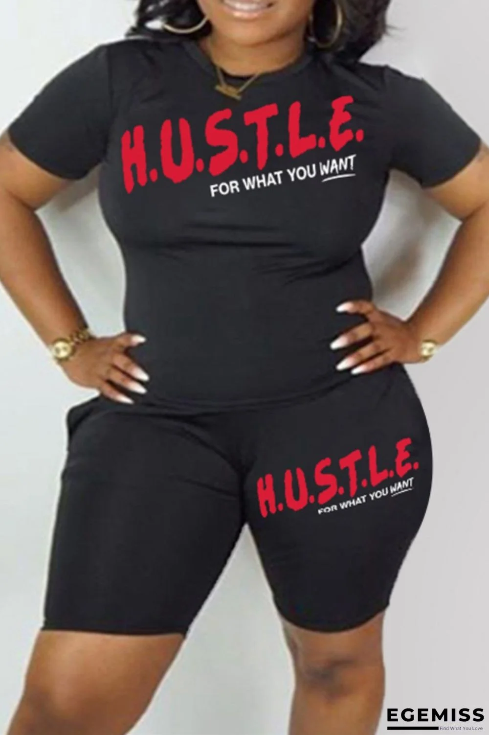 Black Red Fashion Casual Letter Print Basic O Neck Plus Size Two Pieces | EGEMISS