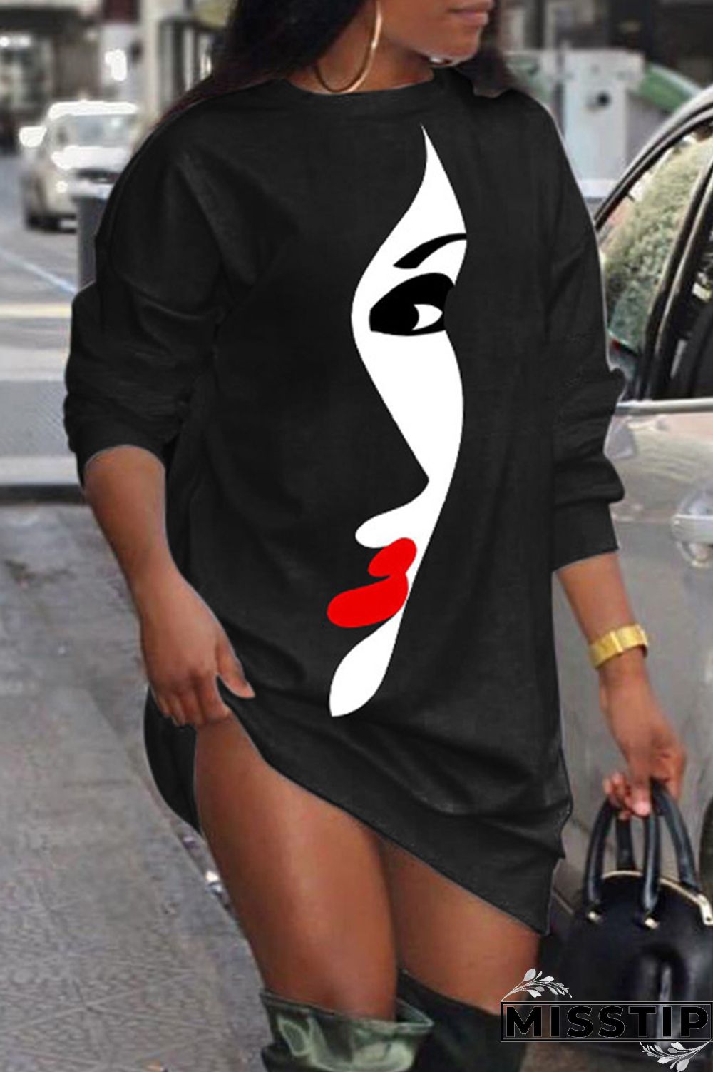 Black Casual Daily Print Patchwork O Neck Long Sleeve Dresses