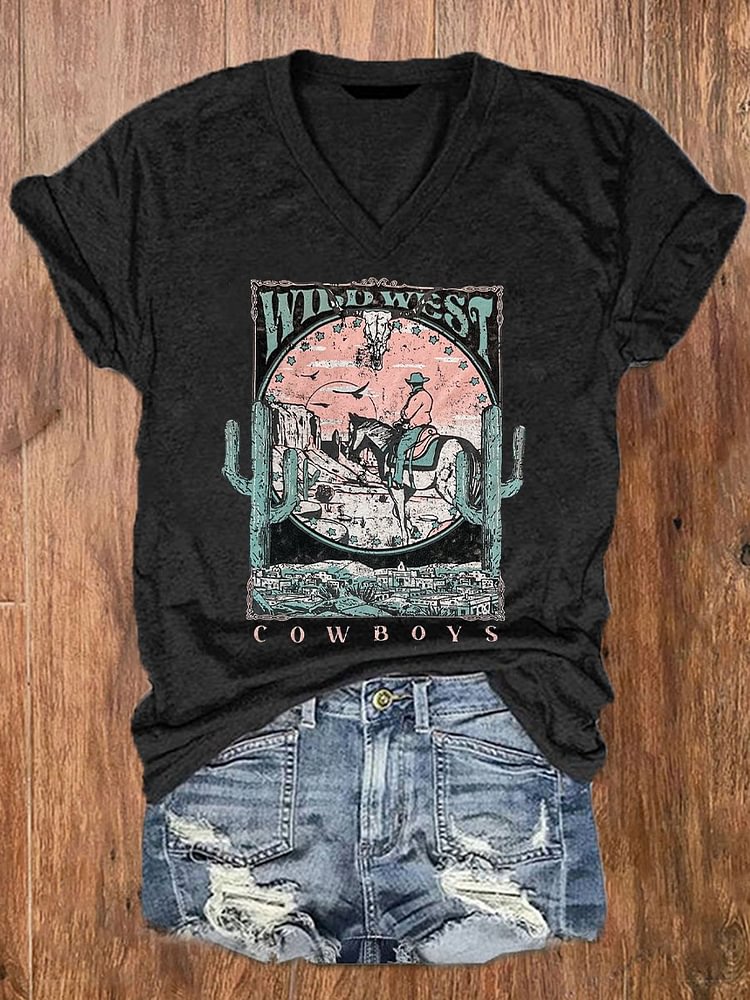 Women's Vintage Wild West Cowboys Cactus Print Top