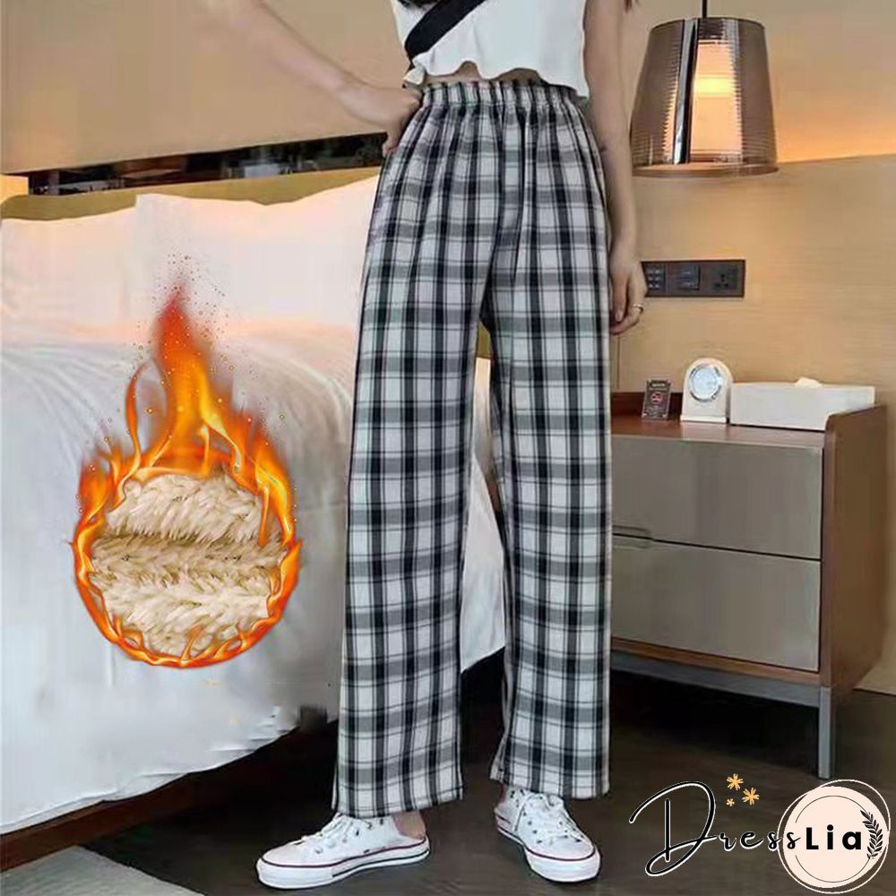 Fashion Spring Winter Warm Plush Plaid Pants Women Casual Loose Wide Leg Trousers Korean Streetwear Straight Student Pants New