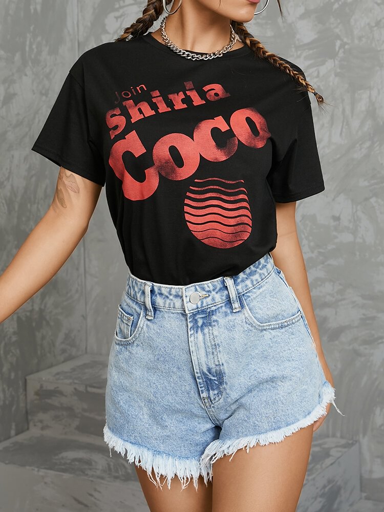 Letters Print Loose Short Sleeve O neck Casual T Shirt For Women P1831170