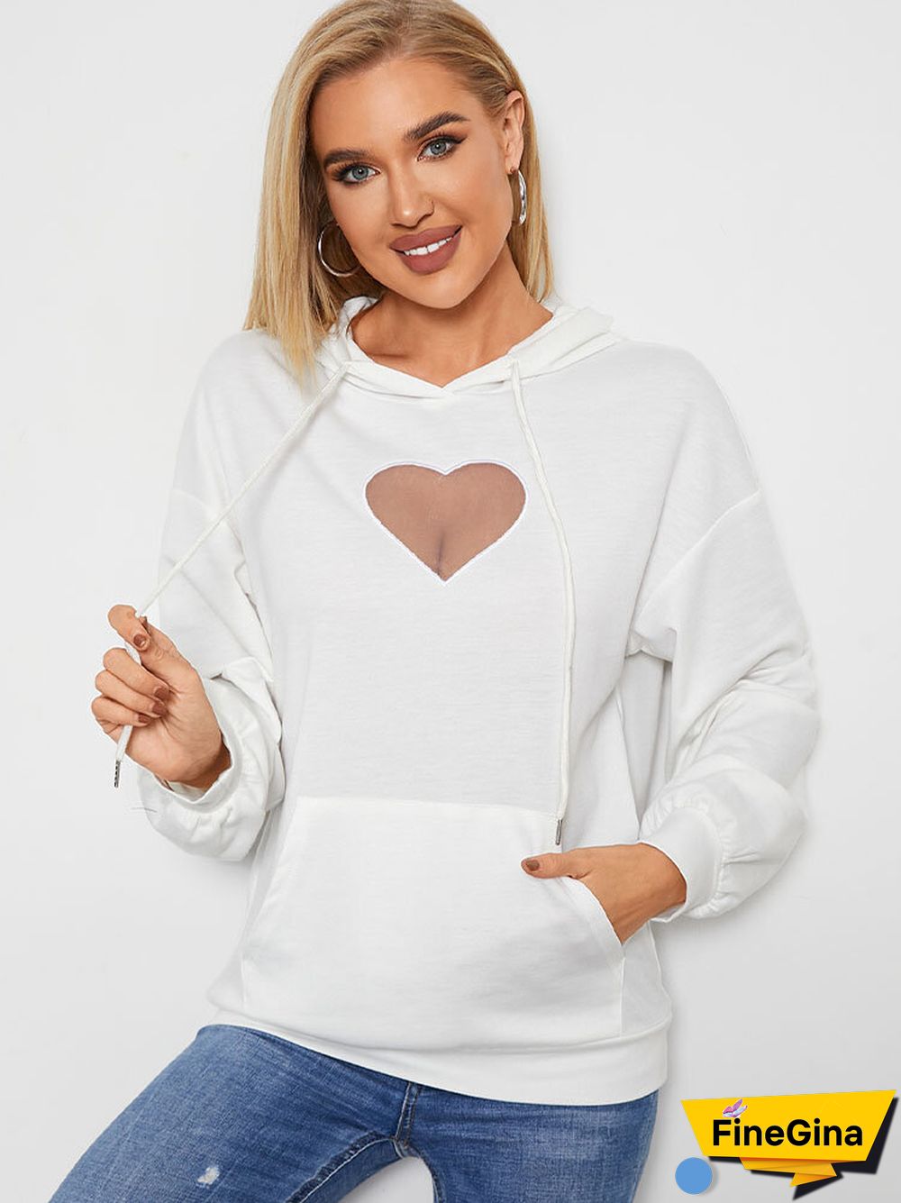 Heart Mesh Kangaroo Pocket Drawstring Loose Hoodie