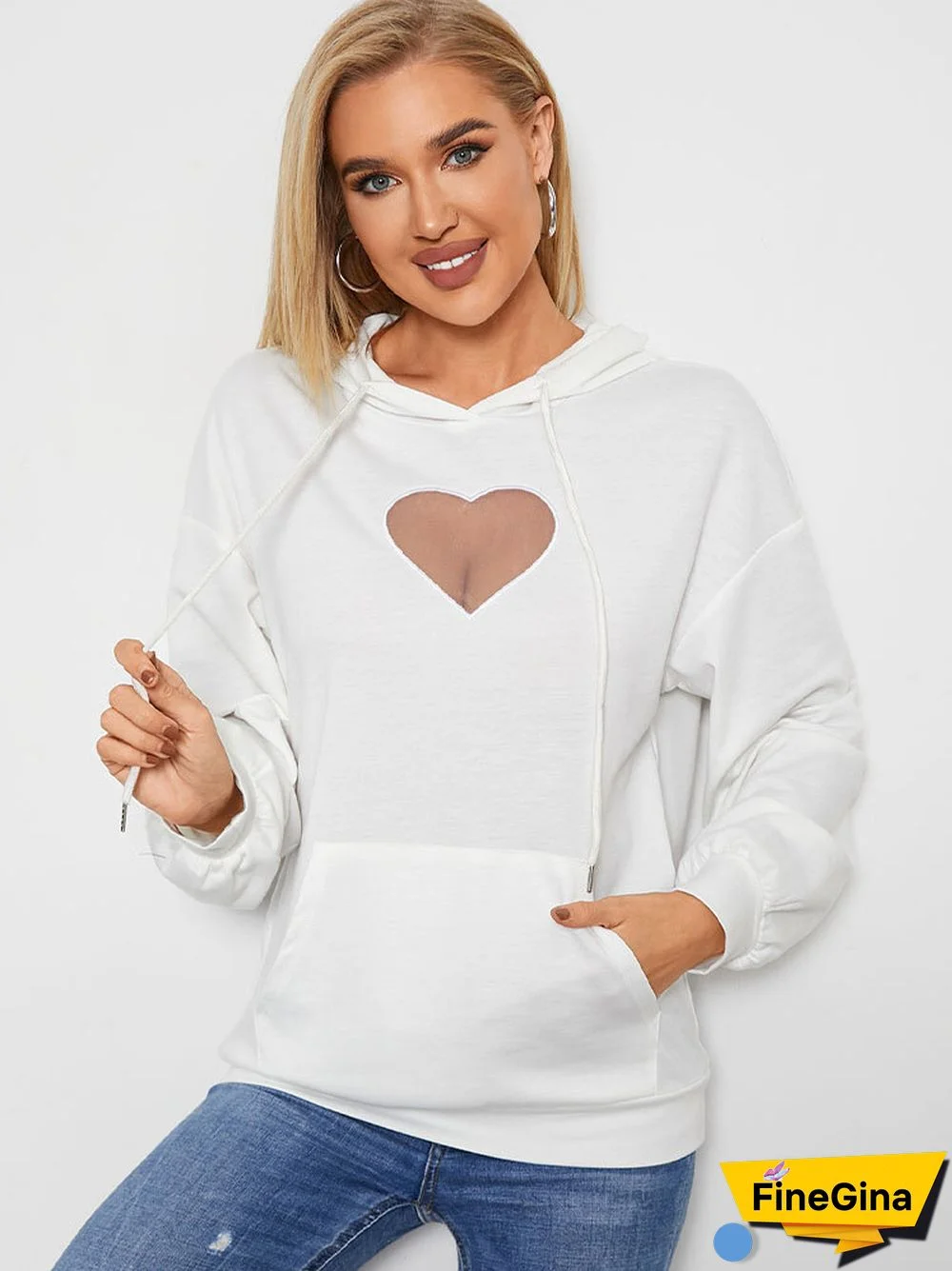 Heart Mesh Kangaroo Pocket Drawstring Loose Hoodie