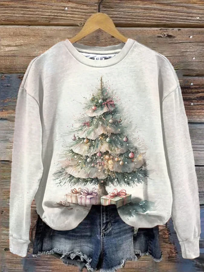 Women's Watercolor Christmas Tree Printed Sweatshirt