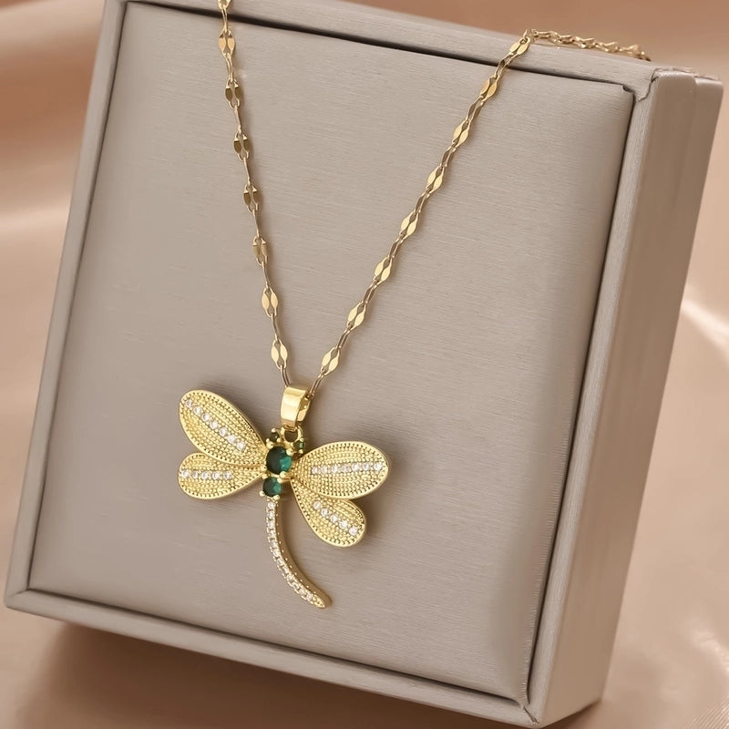 IG Style Cute Dragonfly 316 Stainless Steel  Copper Zircon Inlay Pendant Necklace